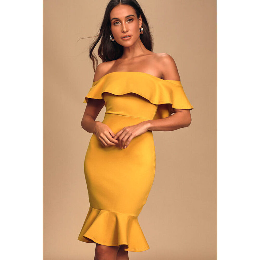 Lulus Confidence Boost Mustard Yellow Off-the-shoulder Bodycon Dress - Size S